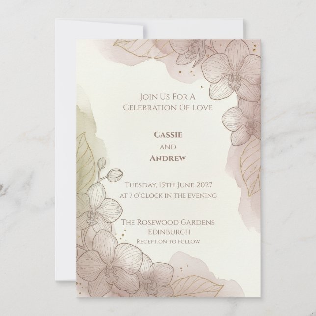 Invitación de Boda Floral Rosa Sonrojado (Anverso)