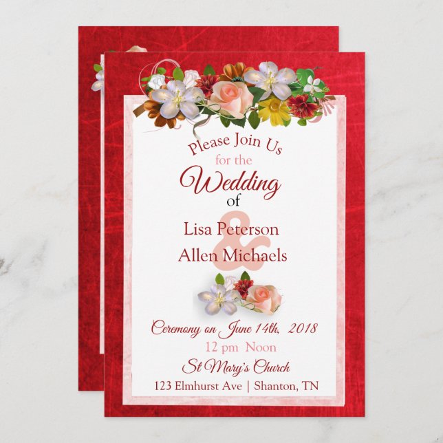 Invitación de boda floral rosa sonrojado rojo prof (Anverso / Reverso)