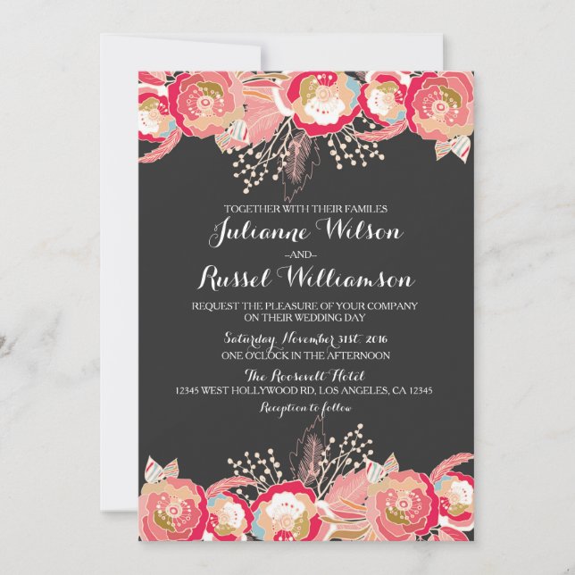 Invitación de boda floral rosa sonrojado y pizarra (Anverso)