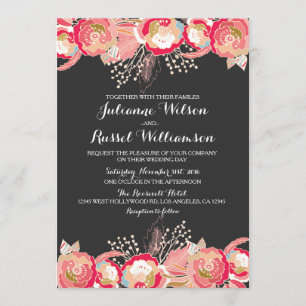 Invitación de boda floral rosa sonrojado y pizarra