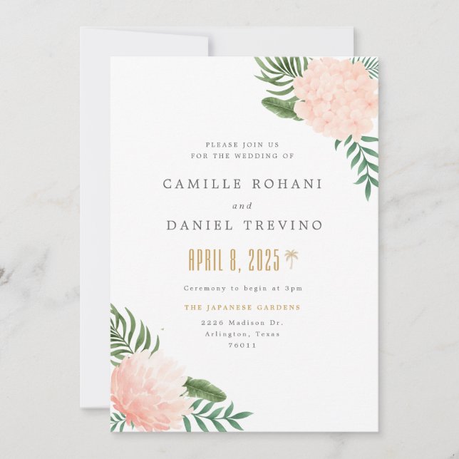 Invitación de boda floral rosa sonrosado con elega (Anverso)