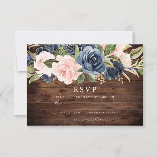 Invitación de boda floral rosa y azul marino rústi (Anverso)