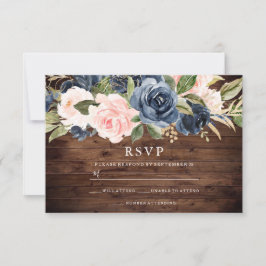 Invitación de boda floral rosa y azul marino rústi