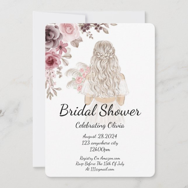 Invitación de boda floral rosa y borgoña  (Anverso)