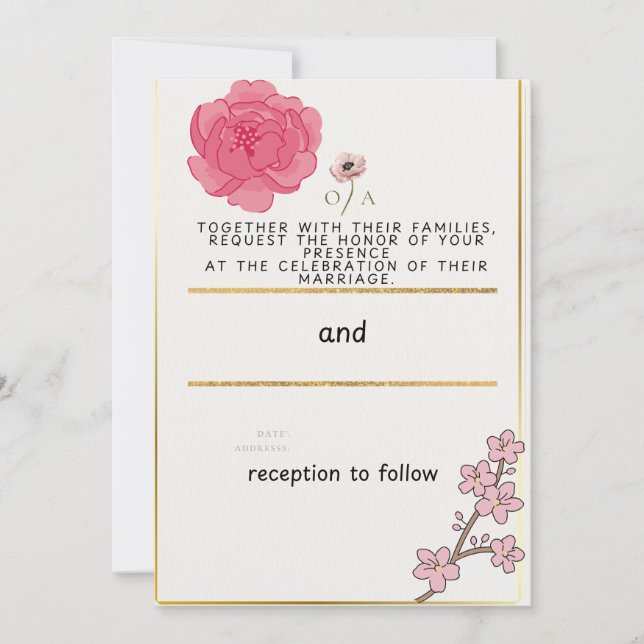 Invitación de boda floral rosa y dorada | Flor de  (Anverso)