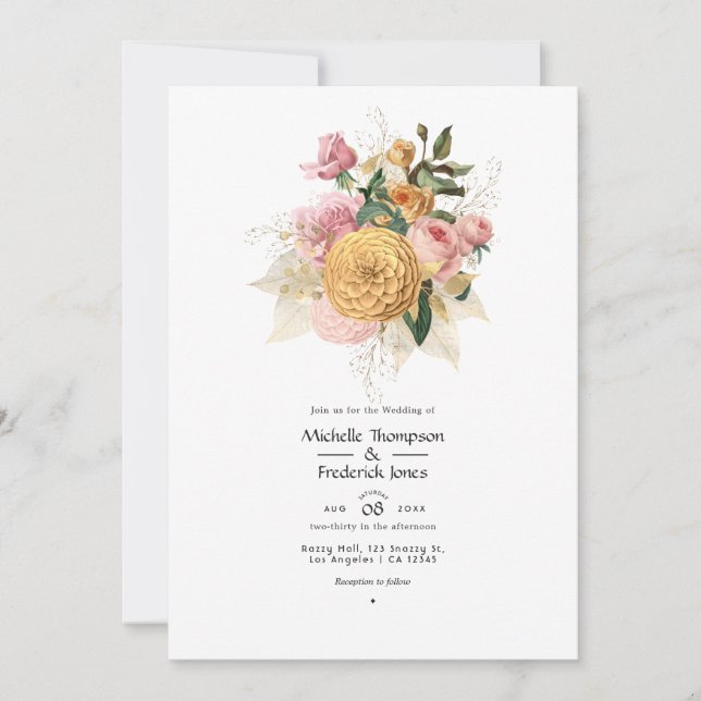 Invitación de boda floral rosa y dorado (Anverso)