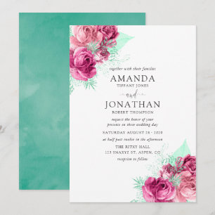 Invitación de boda floral rosa y menta
