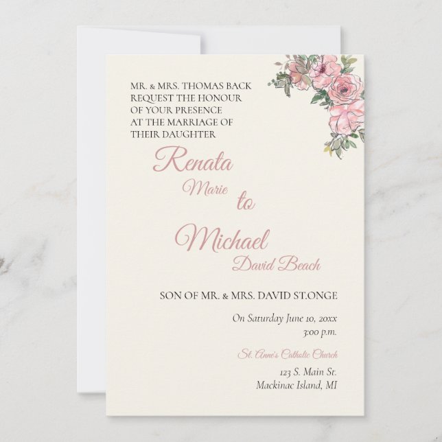 Invitación de boda floral rosada (Anverso)