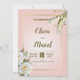 Invitación de boda floral rosada con marco dorado