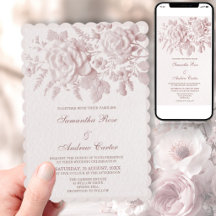Invitación de boda floral rosada con relieve falso