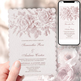 Invitación de boda floral rosada con relieve falso