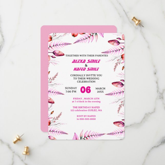 Invitación de boda Floral Rose: Rosa suave (Anverso/Reverso In Situ)
