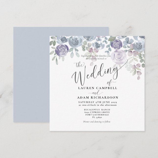 Invitación de boda floral rústica azul de eucalipt (Anverso / Reverso)