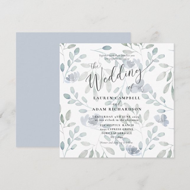 Invitación de boda floral rústica azul eucalipto (Anverso / Reverso)