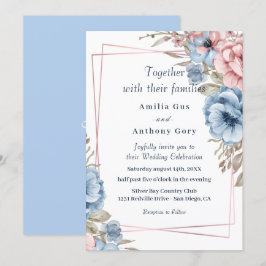 invitación de boda floral rústica azul y rosa