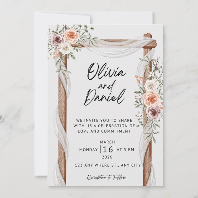 Invitación de Boda Floral Rústica, Boda Boho Elega (Anverso)