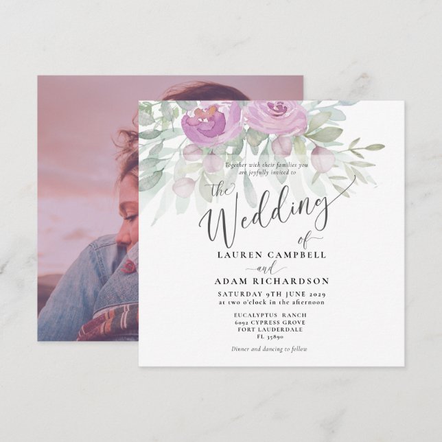 Invitación de boda floral rústica con eucalipto ro (Anverso / Reverso)