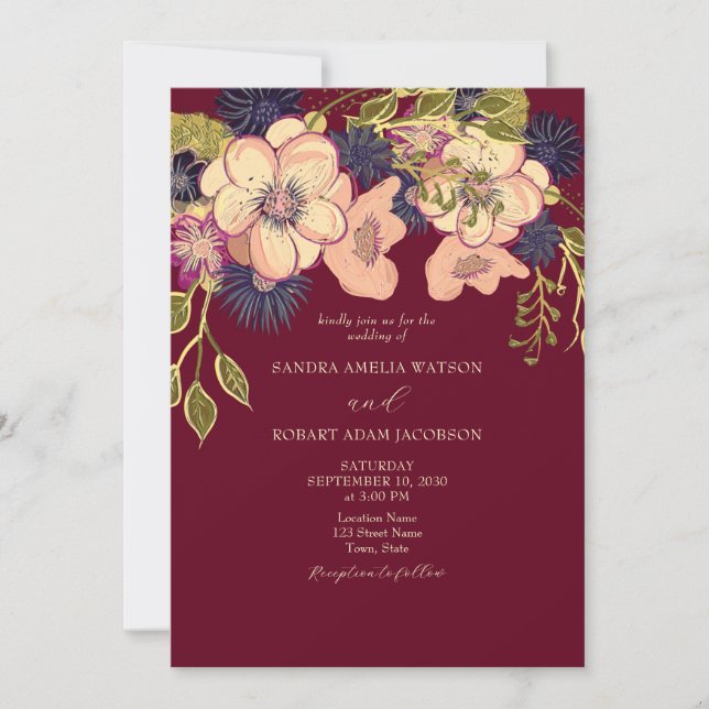 Invitación de boda floral rústica con tono rosa y  (Anverso)