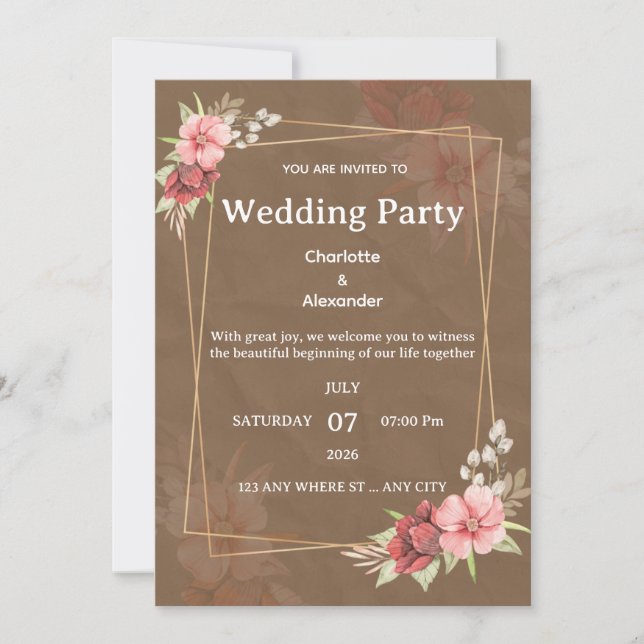 Invitación de boda floral rústica con toque rosado (Anverso)