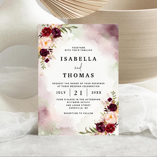 Invitación de boda floral rústica de Bordeaux rosa (Subido por el creador)