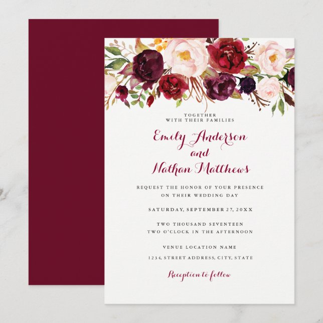 Invitación de boda floral rústica de Borgoña (Anverso / Reverso)