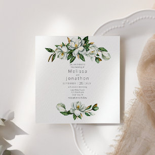 Invitación de boda floral rústica de magnolia blan