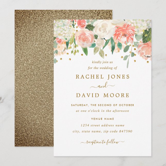 Invitación de boda floral rústica de oro melocotón (Anverso / Reverso)