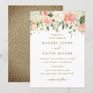 Invitación de boda floral rústica de oro melocotón