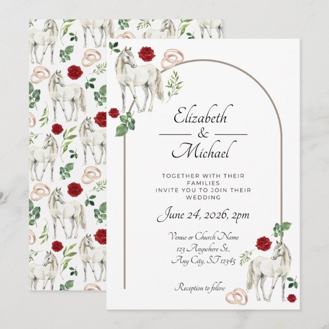 Invitación de Boda Floral Rústica Ecuestre Roja (Anverso / Reverso)