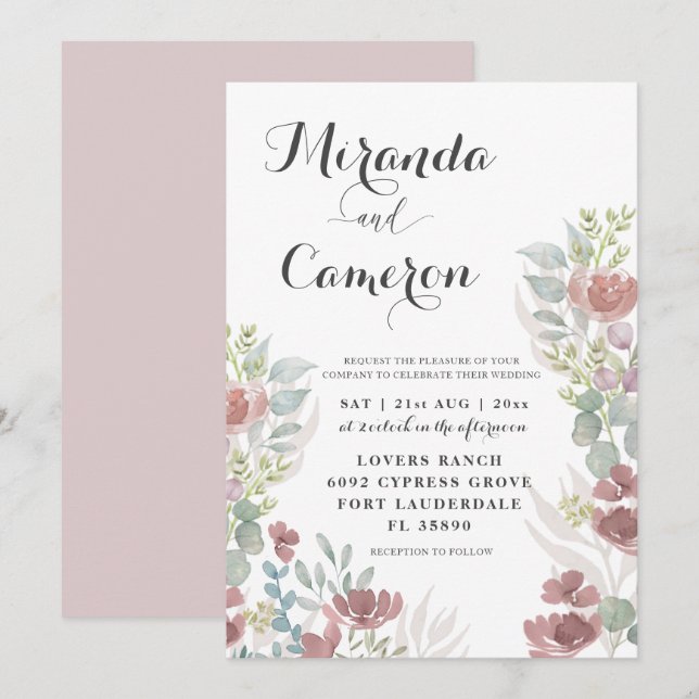 Invitación de boda floral rústica en naranja quema (Anverso / Reverso)