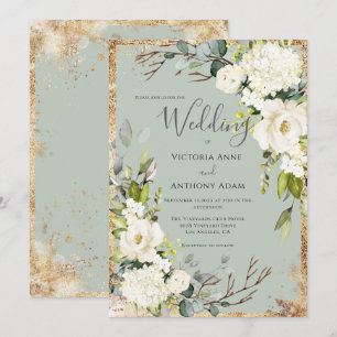 Invitación de boda floral rústica en verde salvia 
