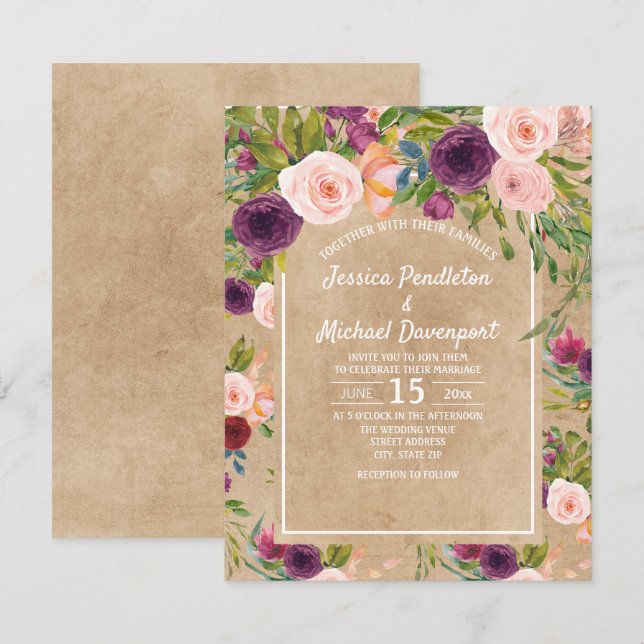 Invitación de boda floral rústica kraft boho cirue (Anverso / Reverso)