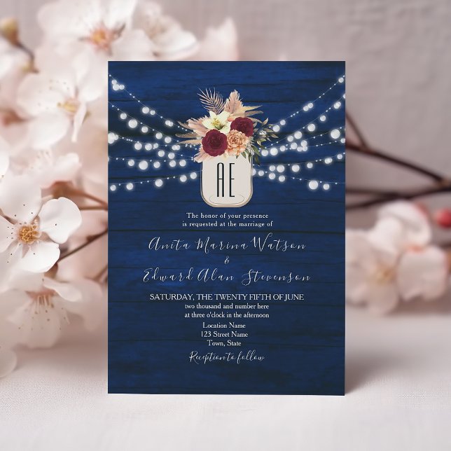 Invitación de boda floral rústica navy burgundy (Subido por el creador)