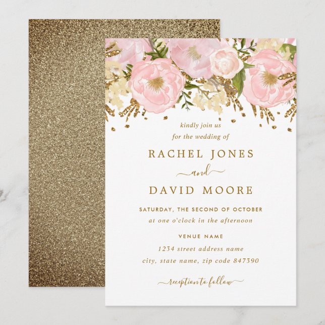 Invitación de boda floral rústica rosa dorado rubo (Anverso / Reverso)