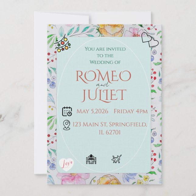 Invitación de boda floral simple con flor de acuar (Anverso)
