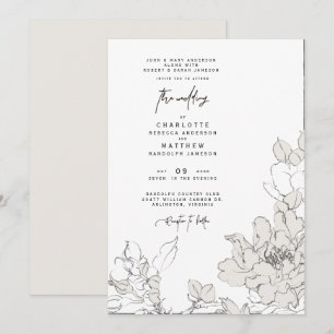 Invitación de boda floral simple dibujada a lápiz