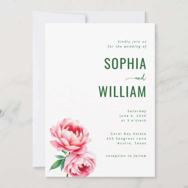 Invitación de boda floral sofisticada de color ros (Anverso)
