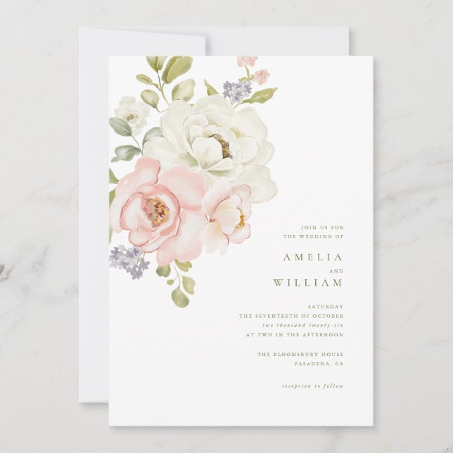 Invitación de boda floral suave con toque rosado (Anverso)