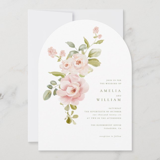 Invitación de boda floral suave tono rosa (Anverso)