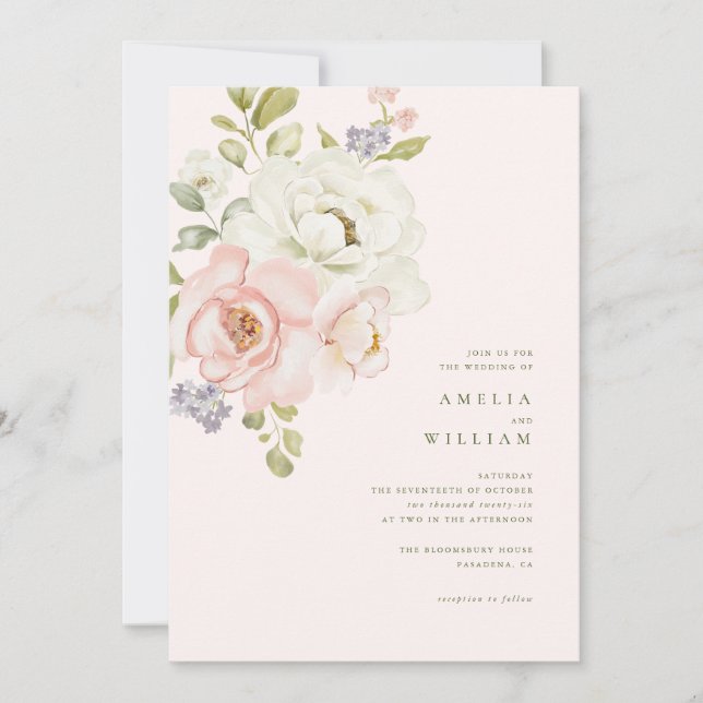 Invitación de boda floral suave tono rosa (Anverso)