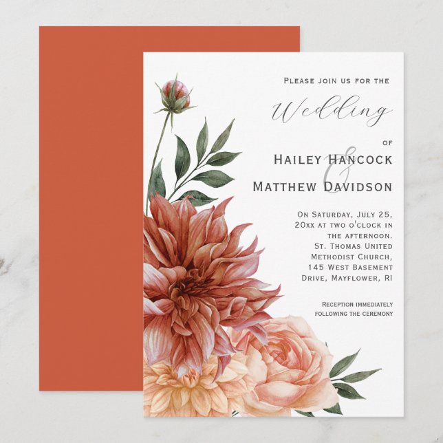 Invitación de boda floral Terracotta, melocotón, r (Anverso / Reverso)