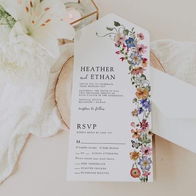 Invitación de Boda Floral Todo en Uno (Colorful Floral All in One Wedding Invite with Butterfly by Painted Paperie
)
