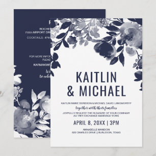 Invitación de boda floral todo en uno (azul marino