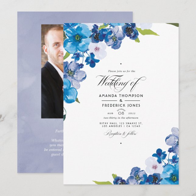 Invitación de boda floral tonos de azul (Anverso / Reverso)