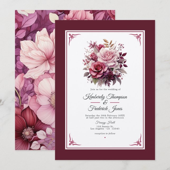 Invitación de boda floral tonos de vino (Anverso / Reverso)