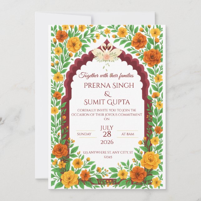 Invitación de boda floral tradicional india (Anverso)
