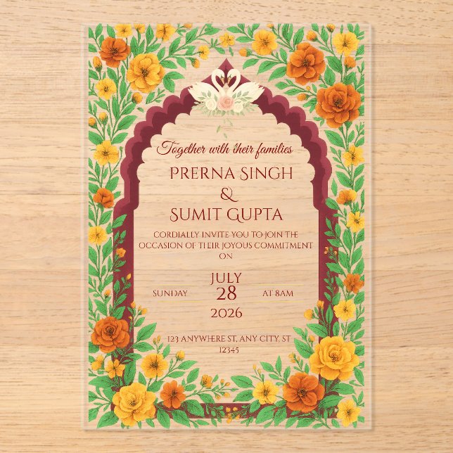 Invitación de boda floral tradicional india (Anverso)