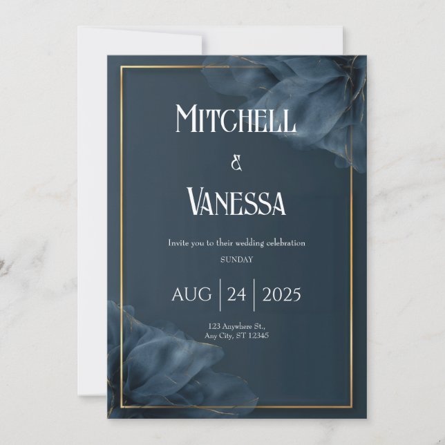 Invitación de boda floral transparente azul teal o (Anverso)