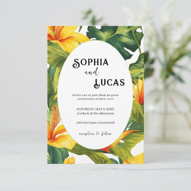 Invitación de boda floral tropical amarilla (Anverso de pie)
