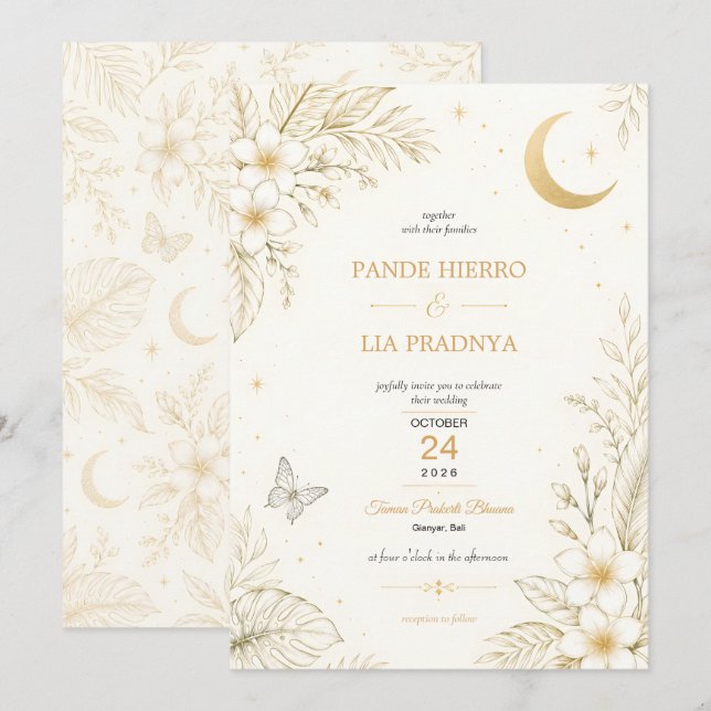 Invitación de boda floral tropical dorada (Anverso / Reverso)